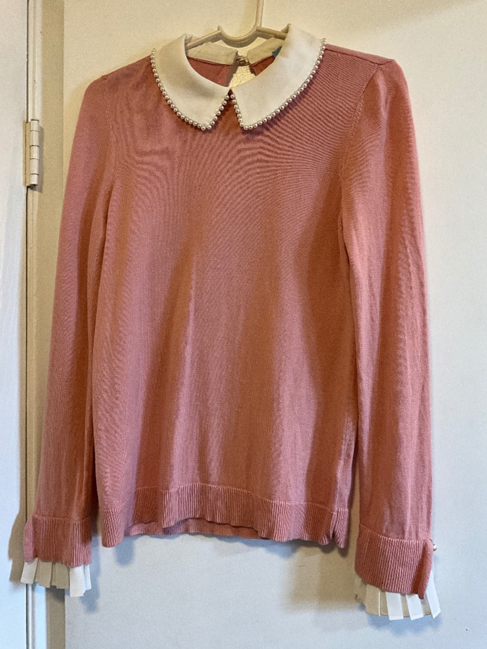 Pink S Sweater with Pearls and White Cuffs and Collars